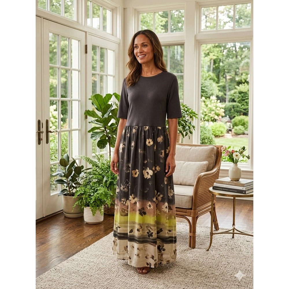 Simply Vera Vera Wang Floral Mixed Media Maxi Dress XL Charcoal Brown WV5FY136RP